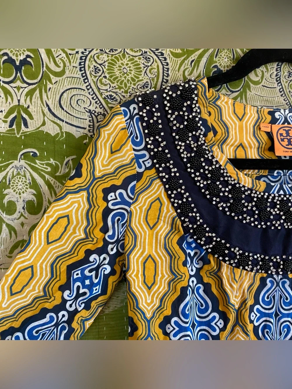 Tory Burch Odie Yellow/ Blue/ White Embellished Tunic Blouse Medium Resort Wear